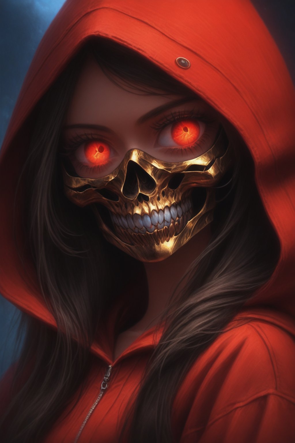 1girl, solo, long hair, looking at viewer, black hair, red eyes, upper body, teeth, hood, eyelashes, mask, glowing, slit pupils, portrait, glowing eyes, red headwear, red jacket, hood up,Skull mask,more detail XL,disney pixar style,score_9,Face<lora:EMS-252749-EMS:0.600000>, <lora:EMS-377467-EMS:1.000000>