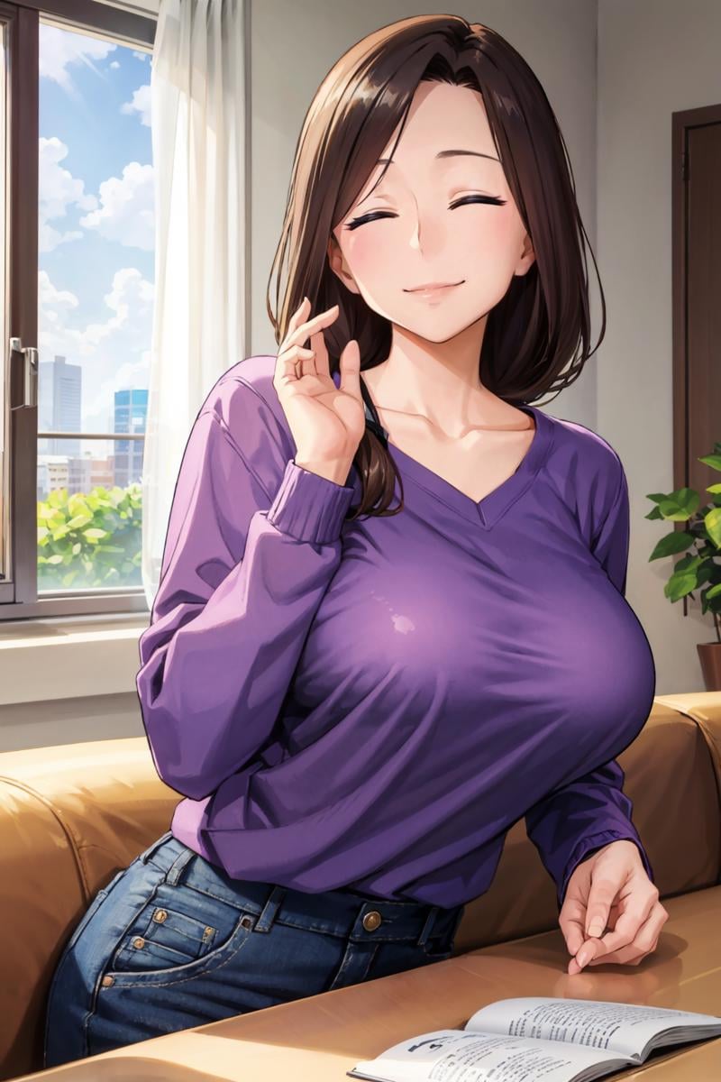 masterpiece, best quality,  <lora:aimom-nvwls-v1:1> 1girl, aimom, hair over shoulder, mature female, purple shirt, long sleeves, black pants, large breasts, looking at viewer, smile, happy, closed eyes, sitting, upper body, couch