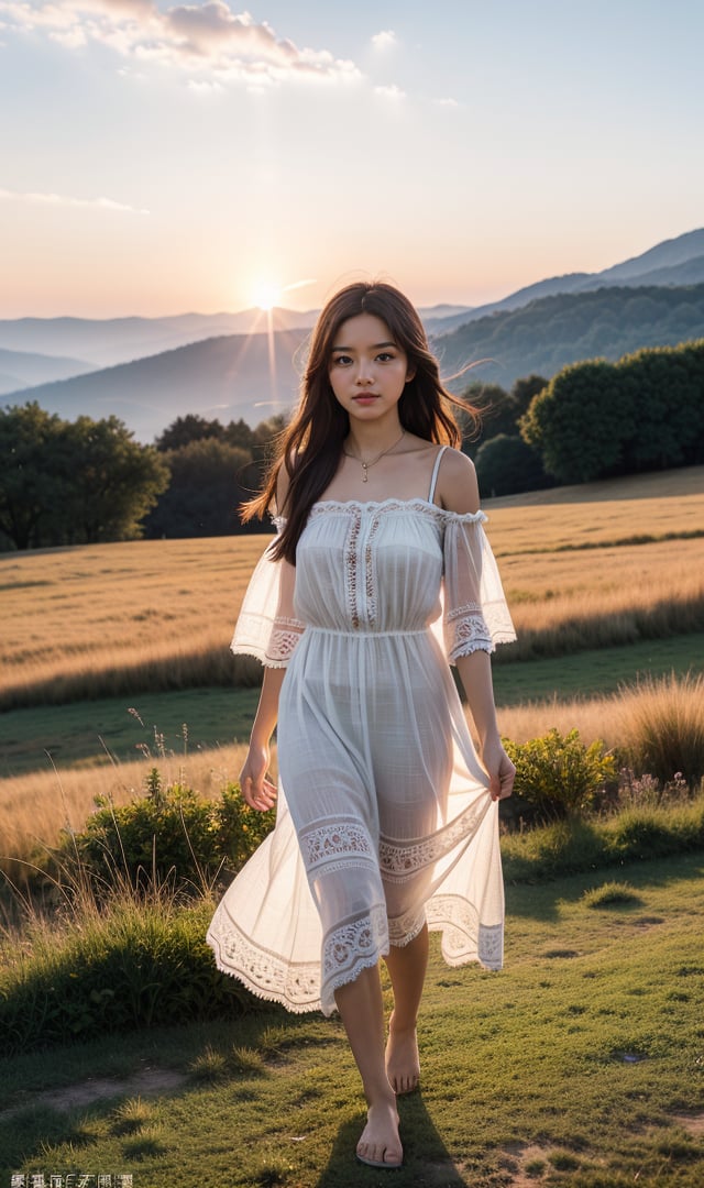 pink sunset,sunrays,(nature, buildings history modern art, amazing unreal background),(natural colors, correct white balance, color correction, dehaze,clarity),RAW photo,full sharp,wallpapper 8k uhd,dslr,soft lighting,high quality,Fujifilm XT3,close-up of a girl walking barefoot on the grasslands of the alps,close-up shooting,fixed focus lens,wearing a bohemian dress,hand-woven,complicated details,exquisite crafts clothing,