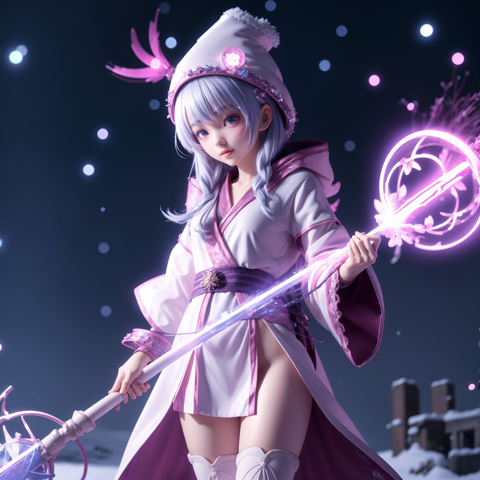 anime,cute girl,wizard hat,robe,thigh-highs,holding ancient staff,happy,midnight,bloom,ambient occlusion,glow,glowing lights,light particles,transparent,translucent,bokeh,depth of field,snow,wind,