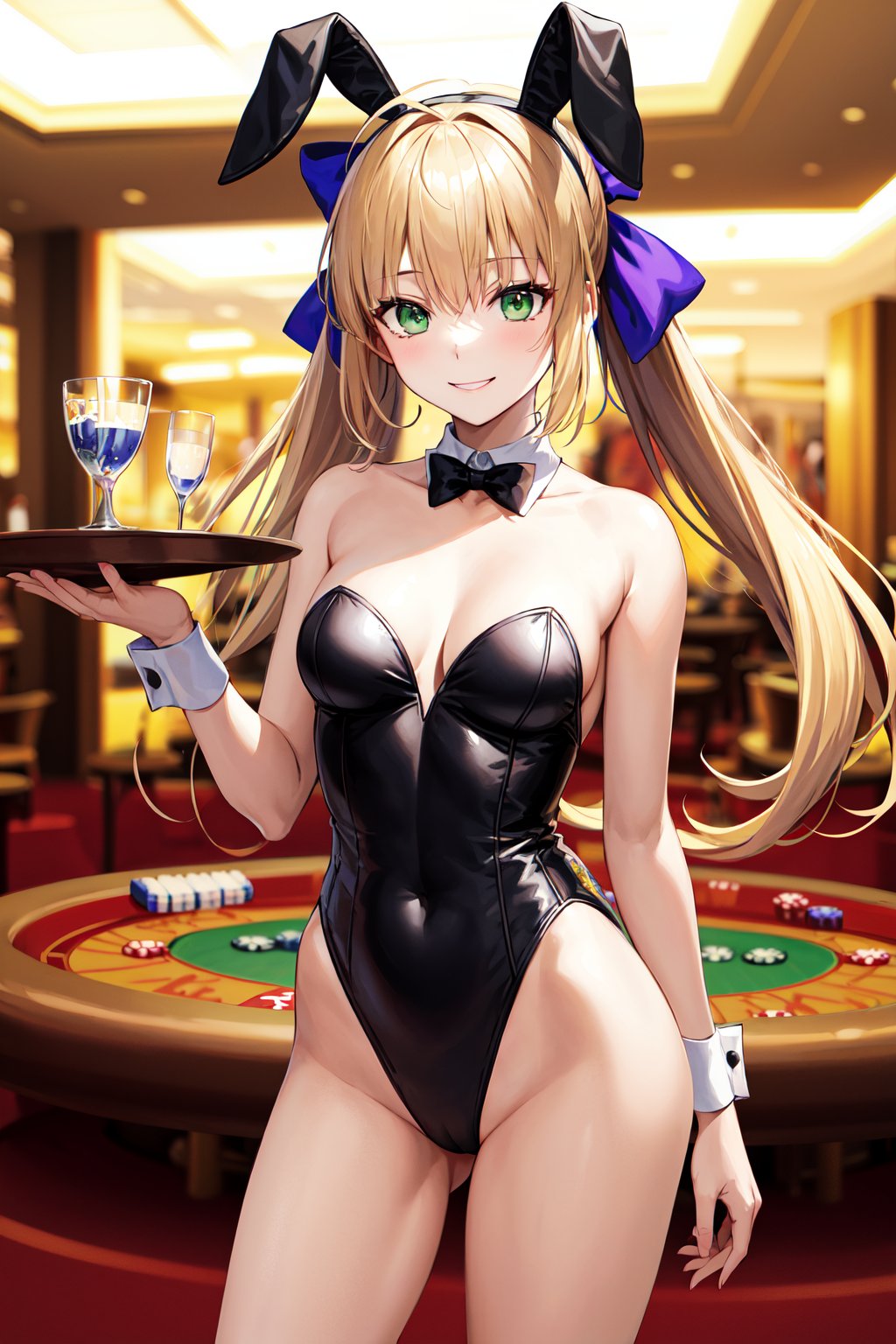 masterpiece, best quality, highres, bbcaster, long hair, twintails, ahoge, hair bow, green eyes, <lora:artoria_caster_(caster)_v1:0.7>, leotard, playboy bunny, casino, standing, cowboy shot, holding tray, smile