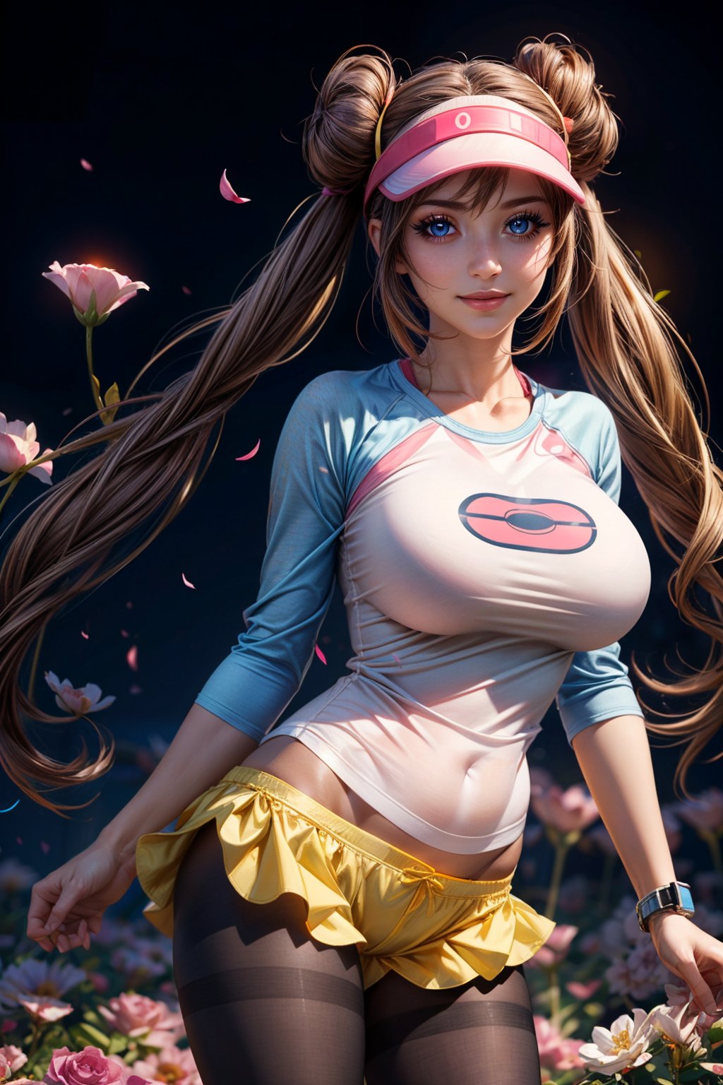 (ultra realistic,32k, masterpiece:1.2),(high detailed skin:1.1),( high quality:1.1),  <lora:Rosa_v5:0.7>,   zzRosa, hair bun, blue eyes, twintails, visor cap, pantyhose, raglan sleeves, yellow shorts, shirt, pink bow, wristwatch,   solo, looking at viewer, smile, cowboy shot,  blooming stars, luminescent petals, otherworldly fragrance blurry background, (looking at viewer, standing:1.1), huge breast, large breast, <lora:add_detail:0.92>, (glowwave:1.1),