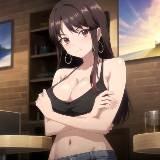 ((masterpiece)),(best quality),official art,extremely detailed CG,unity 8k wallpaper,ultra detailed,A lighthouse on a cliff by the sea,1girl,solo,upper body,(portrait:1.2),cleavage,long hair,denim shorts,brown hair,jewelry,bare shoulders,looking at viewer,hoop earrings,navel,red eyes,brown eyes,black midriff,large breasts,black hair,high heels,<lora:Riko Ikazuchi(Sousakan):0.8>,