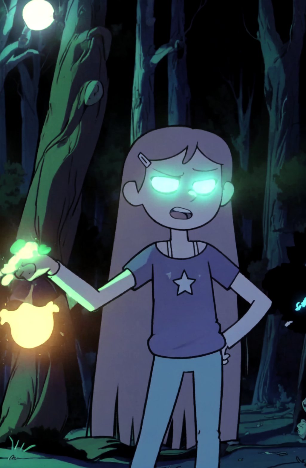 <lora:Kelly Marra (Hilda Netflix) SD1-5 V1:1> Kelly Marra, long hair, open mouth, shirt, hair ornament, very long hair, teeth, hairclip, star (symbol), tree, glowing, hand on hip, t-shirt, glowing eyes, star print, dark forest, night