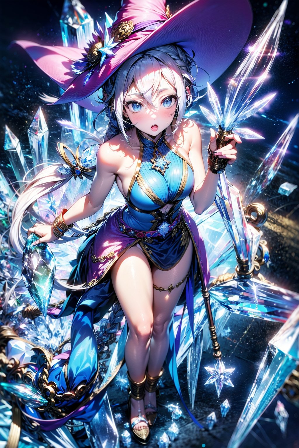 (ice crystal :1.75) spiral blizzard splashspell magic hat witch wizard wandlong hair (messy hair floating :1.25) severe flow<lora:apstyle3diff:0.5> apstyle3 apstyle masterpiece best quality detailed eyes<lora:detail_slider_v4:1.75>looking at viewerfull body standing  (from above:1.1)