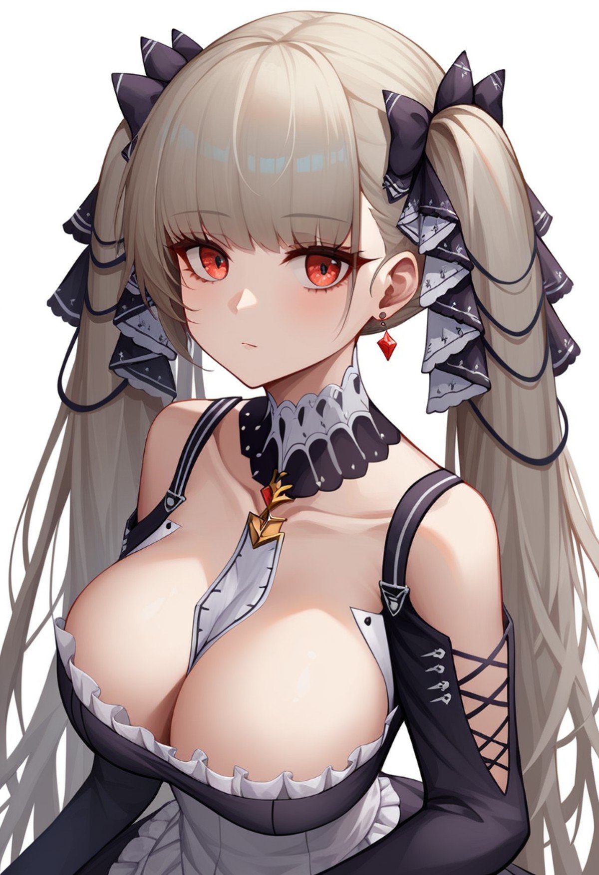 score_9,score_8_up,score_7_up,<lora:azur_lane_all:1>,1girl, absurdly_long_hair, absurdres, artist_name, bare_shoulders, black_dress, blue_gemstone, cleavage, commentary_request, detached_collar, earrings, formidable_\(azur_lane\), frilled_dress, from_above, gothic_lolita, grey_hair, hair_ribbon, highres, huge_breasts, looking_at_viewer, necktie_between_breasts, shoulder_cutout, simple_background, solo, twintails, two-tone_dress, two-tone_ribbon, white_background