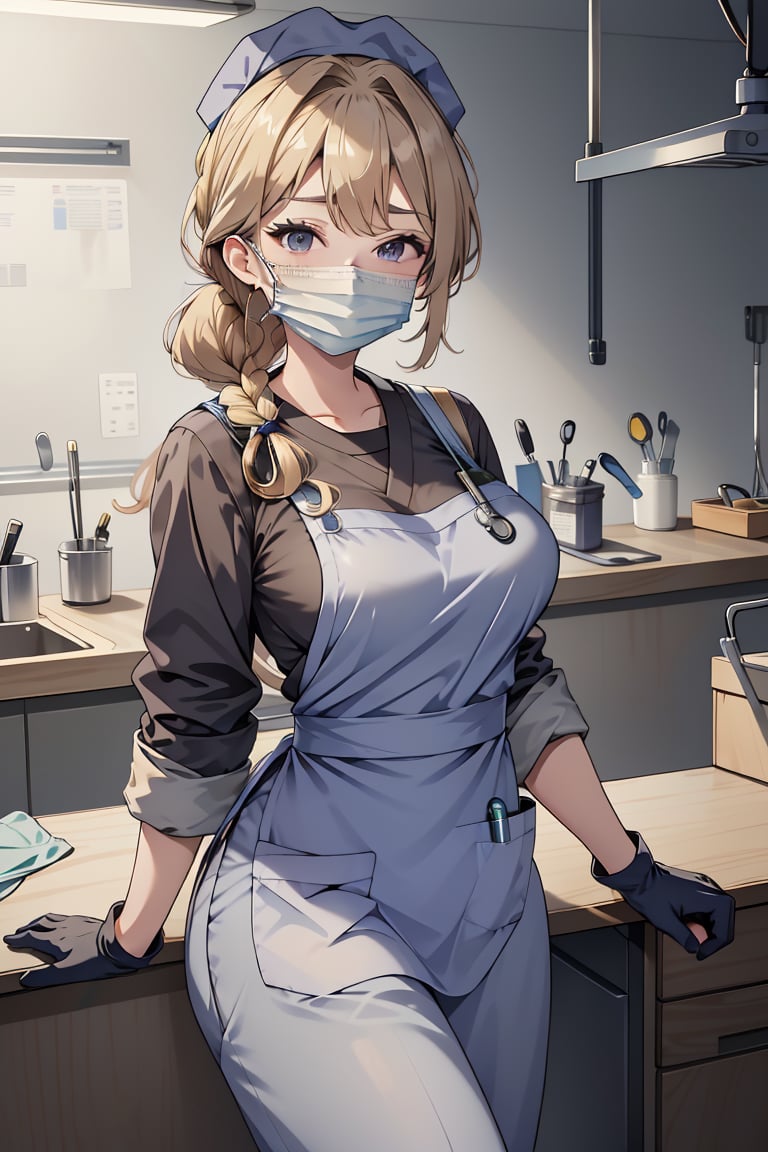 masterpiece, best quality,lower_body, operating table,medical monitors,hospital bed,  <lora:0- CL - Doctor Apron:0.8> ((doctor_apron, apron, mask, gloves, surgical mask,scrubs,blue_uniform)),  <lora:Mari Yuzuki:0.7> (mari yuzuki, 3dcg_15, 1girl, long_hair, bangs, blush, blonde_hair, large breasts, grey_eyes, single braid, very long hair, braided ponytail),