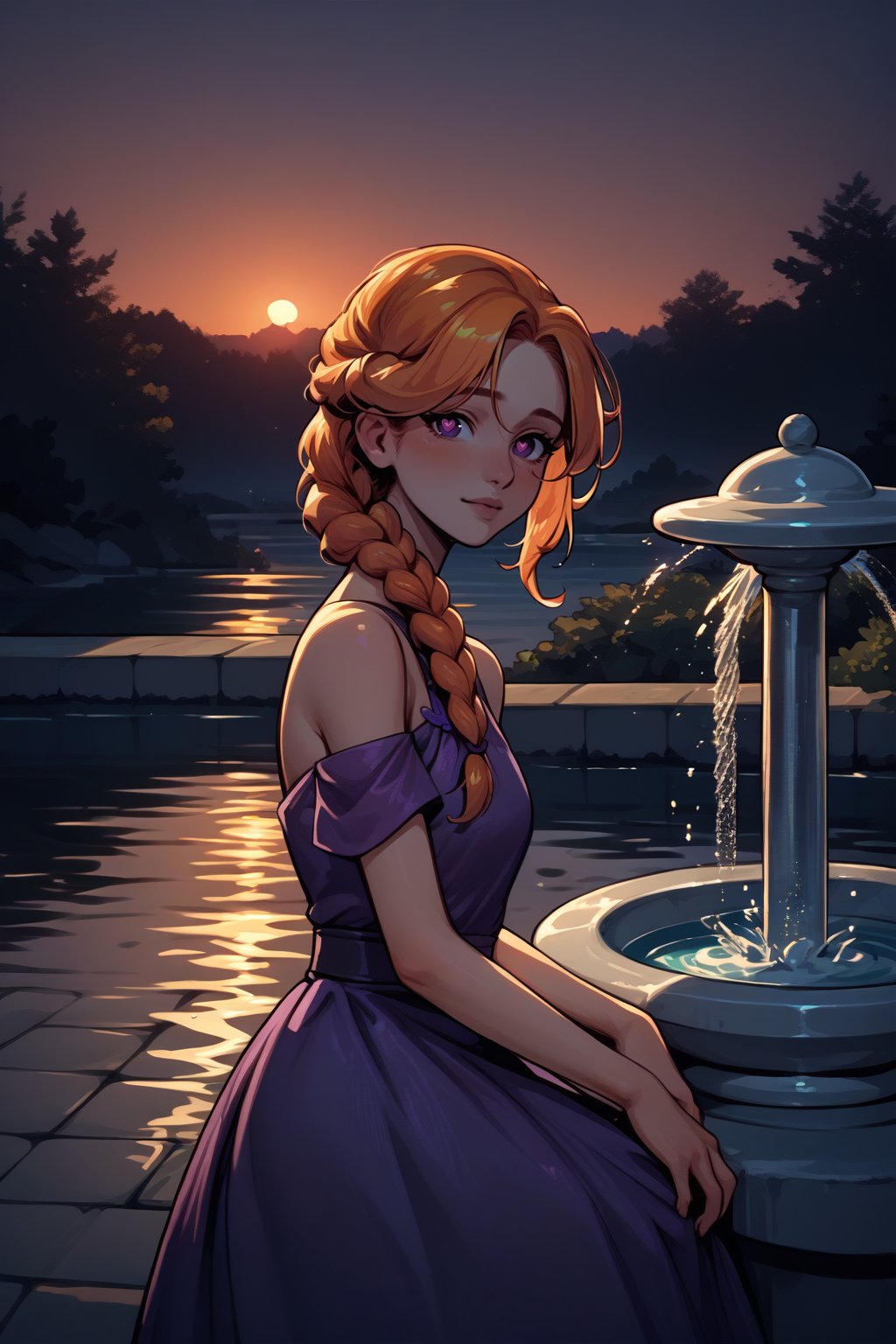 source_anime, score_9, score_8_up, 1girl, solo, <lora:NSLeahStardew:1> NSLeahStardew, orange hair, long hair, braid, braid in front, single braid, purple eyes, purple dress, bare shoulders, outdoors, water fountain, heart-shaped pupils, looking at the viewer, evening, sunset