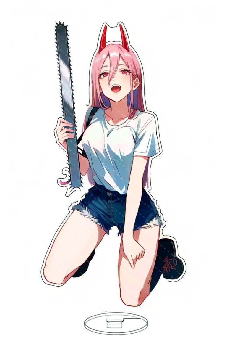 ((HRD, HUD, 8K)),((masterpiece, best quality)), highly detailed,AcrylicStandingCard, 1girl, power (chainsaw man), cat, pink hair, horns, long hair, shorts, cross-shaped pupils, open mouth, red horns, shirt, symbol-shaped pupils, hair between eyes, white background, simple background, solo, looking at viewer, breasts, white shirt, white cat, demon horns, teeth, short shorts, animal on shoulder, red eyes, medium breasts, fangs, short sleeves, animal, full body, kneeling,  <lora:20240602-1717299679057:0.9>