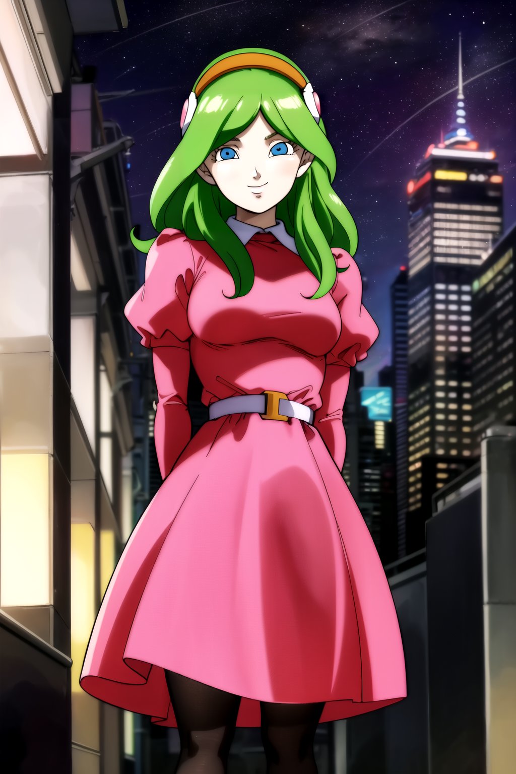 masterpiece, detailed face, 1girl, Brianne_de_Chateau, solo, long hair, looking at viewer, smile, bangs, blue eyes, hairband, green hair, dress, closed mouth, standing, pantyhose, outdoors, sky, puffy sleeves, belt, black pantyhose, night, juliet sleeves, building, star \(sky\), pink dress, night sky, starry sky, city, retro artstyle, cityscape, skyscraper<lora:Brianne de Chateau v2-000007:0.9>