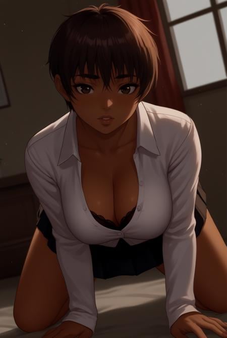 score_9, score_8_up, score_7_up, source_anime BREAK, solo, looking at viewer, cowboy shot, indoors, bedroom, window, light particles, cinematic lightning, <lora:CascaPdxlDwnsty:1> Casca_Def, brown hair, short hair, lips, dark-skinned female, underwear, black bra, black panties, white shirt, buttons, black skirt, ribbon, pleated skirt, school uniform, large breasts, cleavage,all fours, dutch angle,