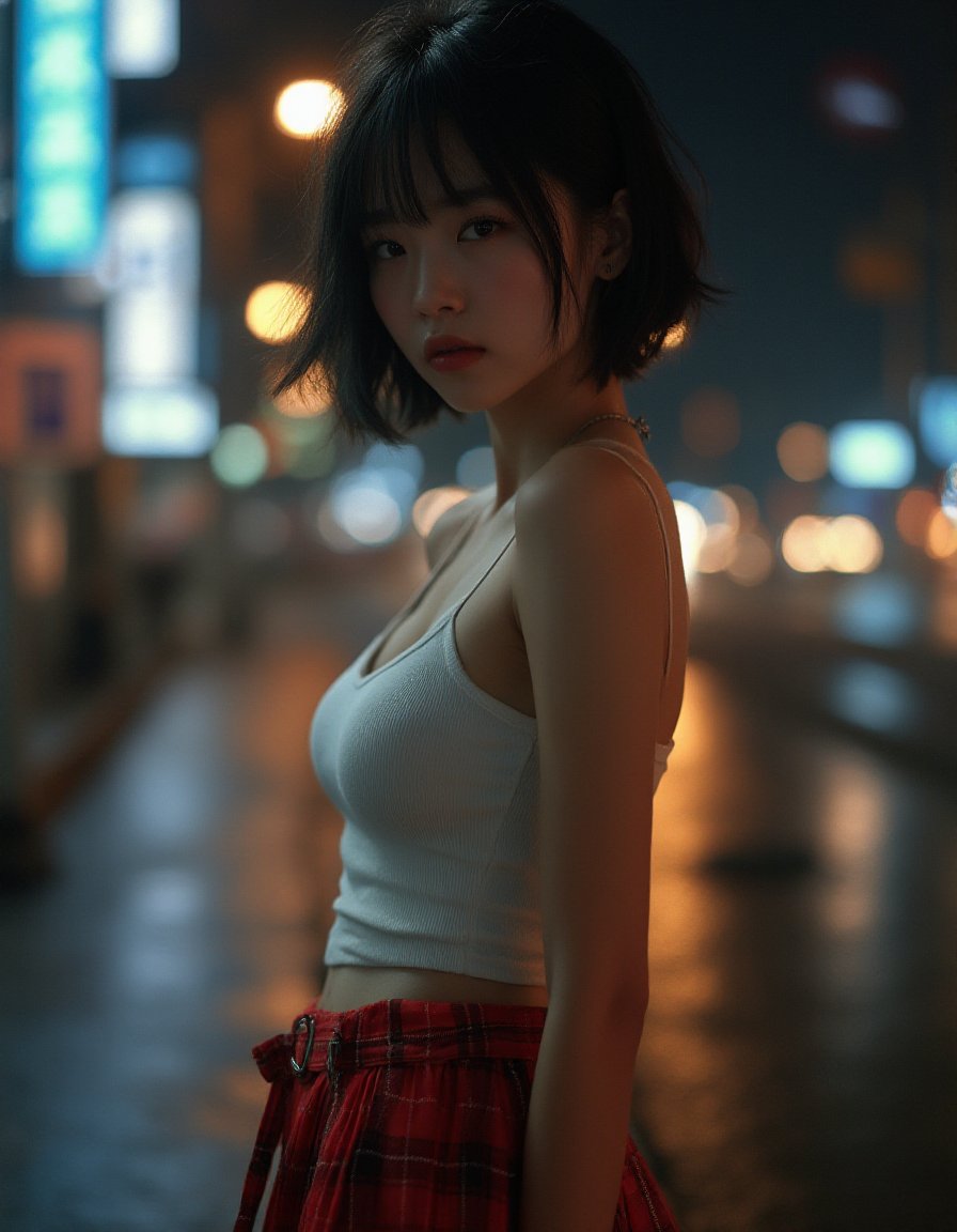 A hyper-realistic photograph of an incredibly beautiful 18-year-old Chinese girl with short,stylish black hair,standing confidently on a dimly lit urban street at night. She is wearing a tight-fitting white tank top that highlights her slender figure,paired with a red plaid pleated mini skirt that adds a touch of youthful energy to her look. The streetlights cast a soft,warm glow on her smooth,porcelain-like skin,while the distant neon signs flicker in the background,reflecting off the wet pavement. Her large,expressive eyes are filled with a mix of confidence and allure as she looks directly at the viewer. The scene captures the subtle details of her outfit,from the delicate folds of her skirt to the slight shimmer of the fabric under the streetlights,creating a lifelike,almost indistinguishable-from-reality effect. The overall atmosphere is one of quiet intensity,with the urban nightscape adding a sense of mystery and allure to her presence,