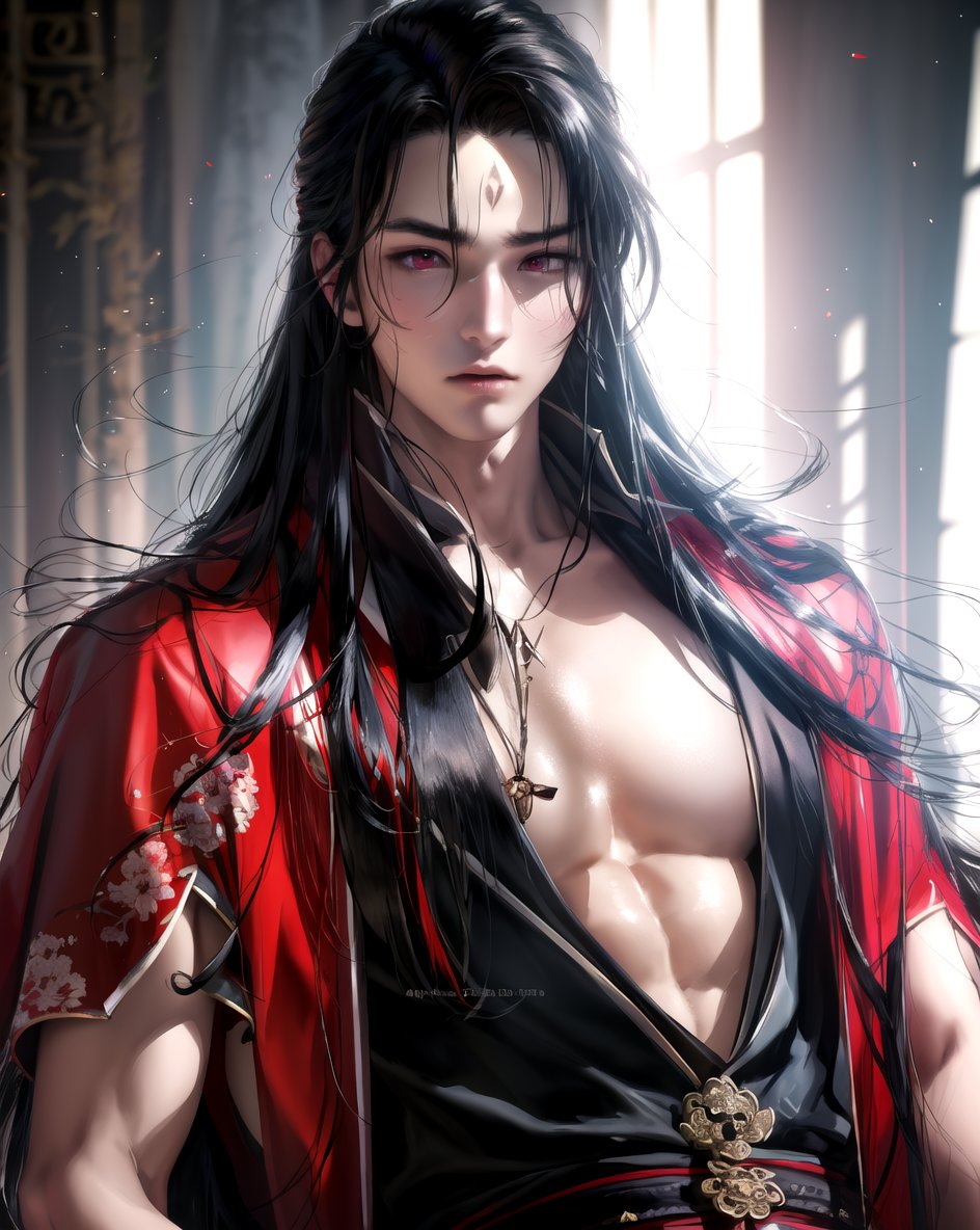 masterpiece, best quality, highly detailed background, perfect lighting, ((masterpiece)), depth of field, cinematic lighting, 1boy, male focus, black hair, long hair, forehead mark, facial mark, bishounen, looking at viewer, red eyes, hanfu, closed mouth, parted bangs, very long hair, <lora:more_details:0.1>, <lora:sakimichan-v1.5fix-lora-32dim-10ep-novae-newcraft:0.8>,  <lora:lora:0.8>, black clothes, open clothes, abs