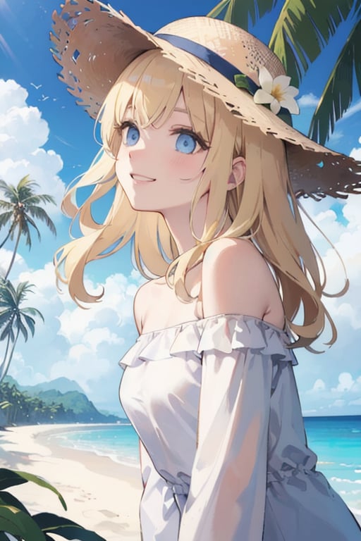 (movie poster:1.2), soft lighting, (dramatic angle:1.25),(solo:1.4), (1girl),((blonde hair), long curly hair), blue eyes, (smile),beach straw hat, (off-shoulder shirt), hat flower ,(looking to the side:1.3), fantastic colorful, sea ,coconut tree, blue sky with clouds,(beach:1.3) ,(masterpiece:1.2),ultra-detailed,(best quality), illustration, (Depth of field),