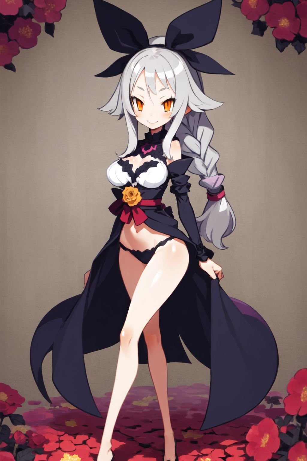 solo, 1girl, legs apart, smile, blush, medium breasts, grey hair, single braid, orange eyes, beautiful detailed face, ultra detailed eyes, dark purple sash, day, Common_Yarrow \\(flower\\), floral background <lora:harada_takehito_Disgaea_style_v01:1>