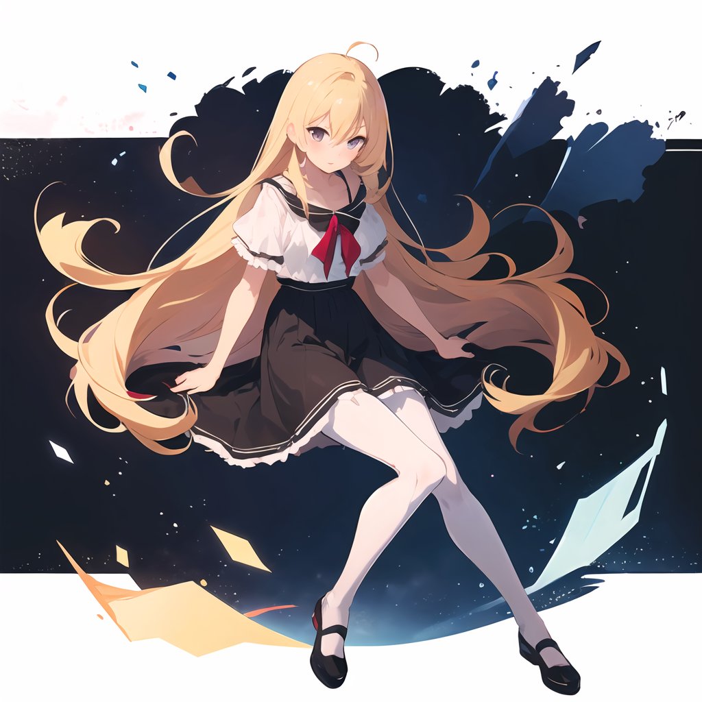 (Anime:1.1),Illustration style,1girl,solo,long hair,looking at viewer,blonde hair,White pantyhose,floating_hair,center frame,sharp focus,best quality,masterpiece,extremely detailed,detailed background,Lace trims,(bestquality),(masterpiece),Full body image,