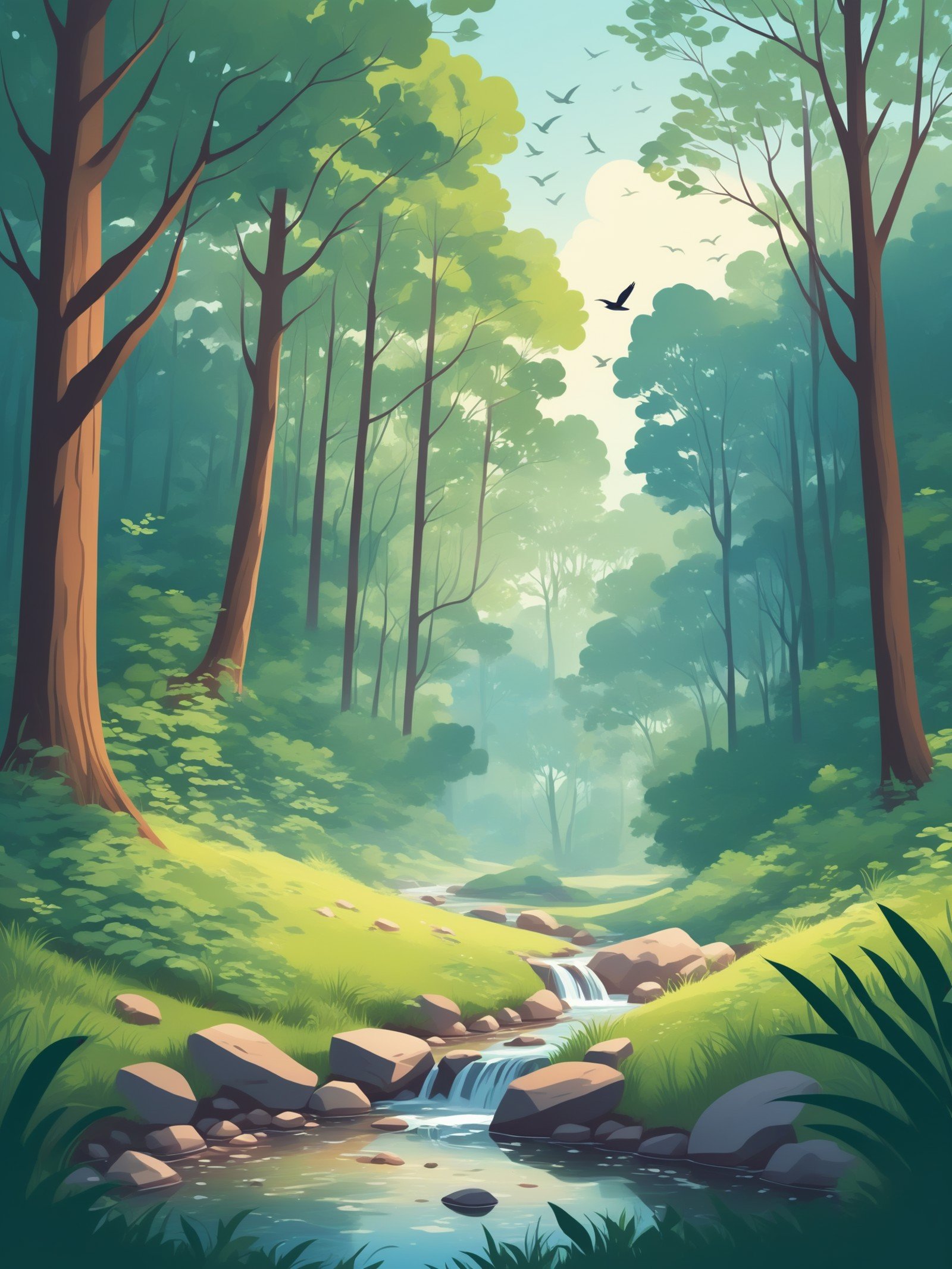 FRESHIDEAS landscape,A vector illustration of a serene forest,tall trees with lush green leaves,a small stream flowing through. Birds perched on branches,soft sunlight filtering through the leaves,creating dappled shadows on the ground. Created Using: Adobe Illustrator,flat design,gradient shading,clean lines,minimalistic style,bright colors,natural textures,detailed foliage,crisp edges,hd quality,natural look,