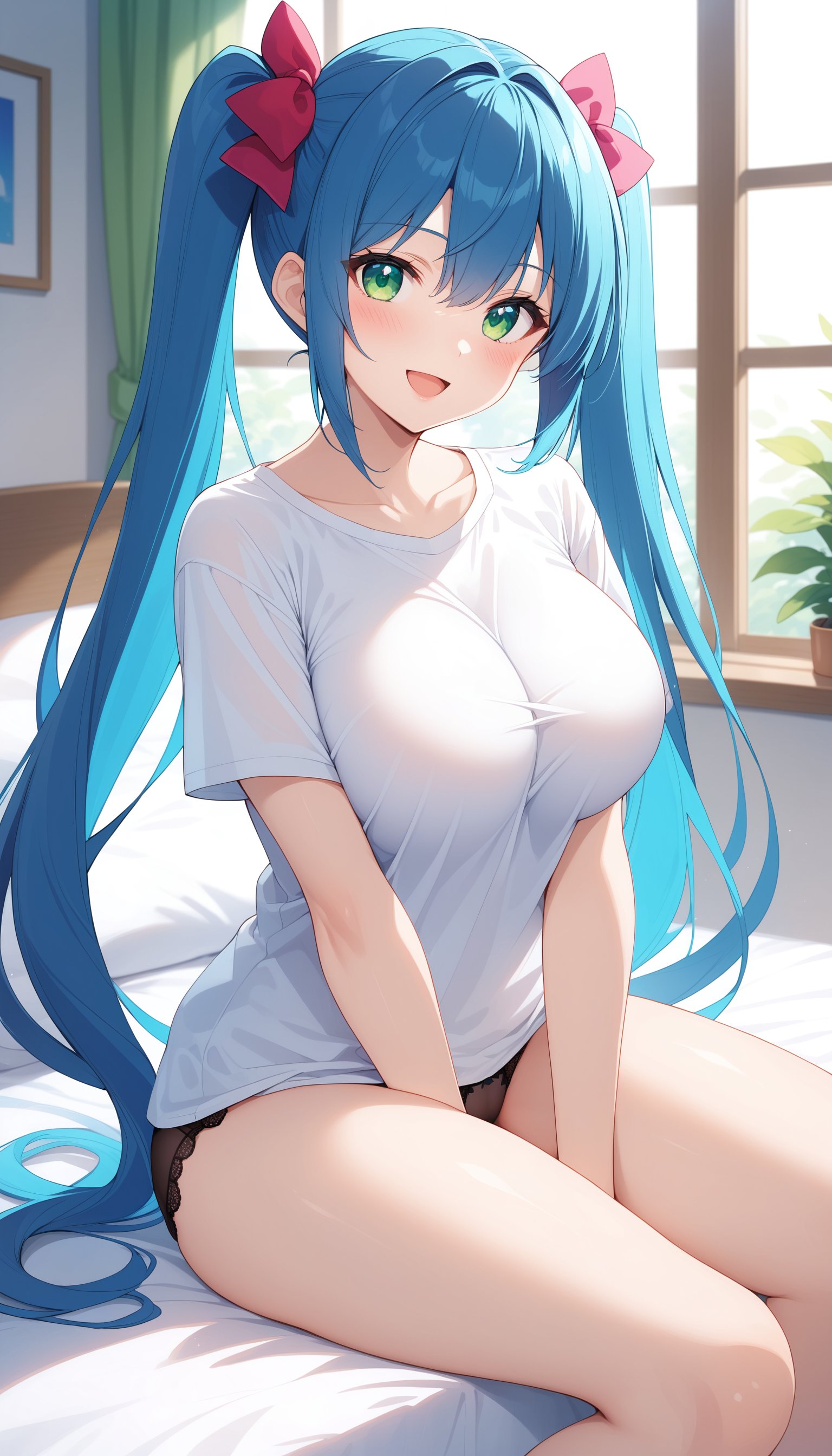 score_9, score_8_up, score_7_up, intricate details,1girl, solo, long hair, shirt, looking at viewer, large breasts, sitting, underwear, twintails, panties, indoors, white shirt, black panties, smile, green eyes, blue hair, thighs, on bed, blush, pillow, short sleeves, no pants, curtains, between legs, window, very long hair, open mouth, bed, hand between legs, bow, t-shirt, hair bow