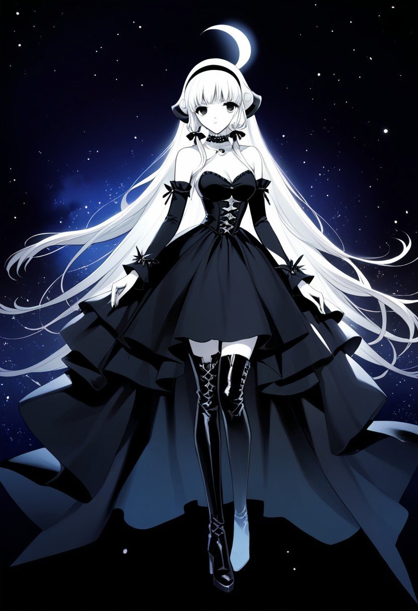 score_9,score_8_up,score_7_up,source_anime, Chii (Chobits),1girl,solo,dress,thighhighs,bare shoulders,hairband,boots,detached sleeves,black footwear,star \(symbol\),black dress,thigh boots,moon,lolta fashion,gothic lolta,crescent moon,goth fashion,black theme,