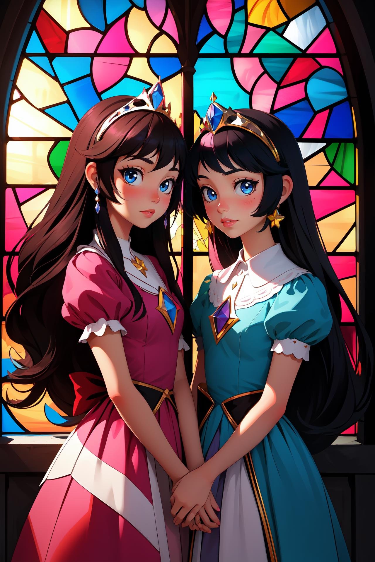 high quality, masterpiece, 2 girls, princesses, stained glass, pink, blue