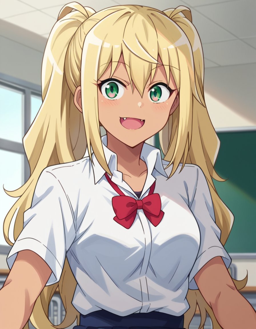 score_9, score_8_up, score_7_up, source_anime,hibikisakura, <lora:hibiki-sakura-s1-ponyxl-lora-nochekaiser:1>hibiki sakura, long hair, blonde hair, hair between eyes, twintails, green eyes, fang, dark skin, dark-skinned female, gyaru, mature female,skirt, shirt, bow, school uniform, white shirt, short sleeves, collared shirt, bowtie, red bow, red bowtie,indoors, classroom, smile,looking at viewer, dutch angle, cowboy shot