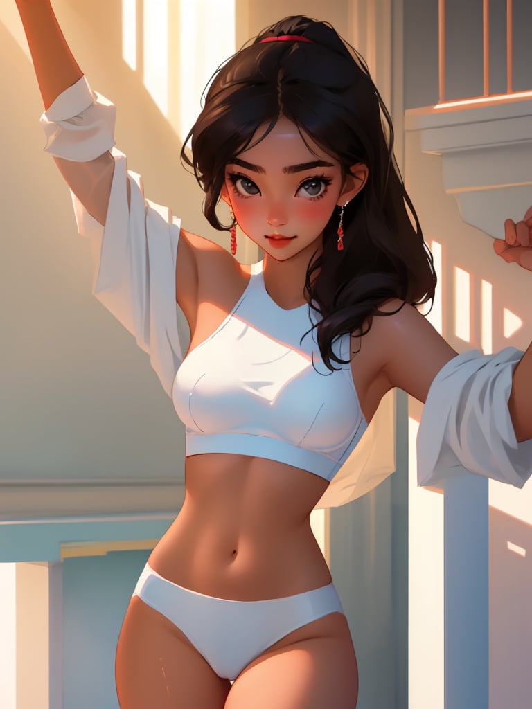 beneath crotch view, sports bra, (sexy), beautiful, cute, diamond earrings with no dangles, girl, SHSID-1925, photorealistic, real, best quality, 8k, teenager, portrait,  asian <hypernet:SHSID:0.6>, teenage, beautiful, cute, bronze color skin, extremely beautiful, looking in front, black hair, smiling, (nsfw), white skin, asian