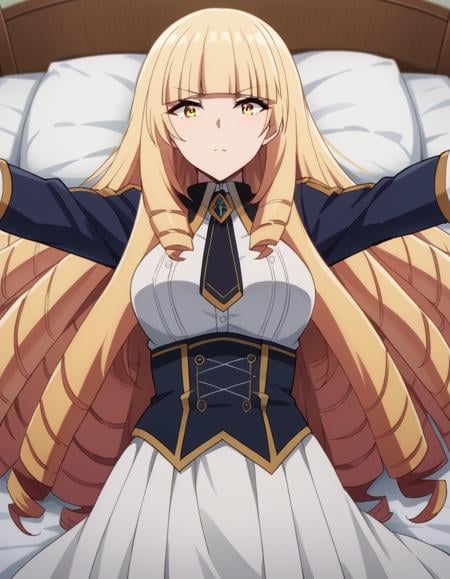 score_9, score_8_up, score_7_up, source_anime,orianarose, <lora:oriana-rose-ponyxl-lora-nochekaiser:1>,oriana rose, long hair, blonde hair, yellow eyes, drill hair, bangs, blunt bangs, mature female,skirt, jacket, necktie, white skirt, corset,indoors, bed, bed room, on back, arm support, arms up, incoming hug, pov, reaching, reaching towards viewer,looking at viewer, dutch angle,