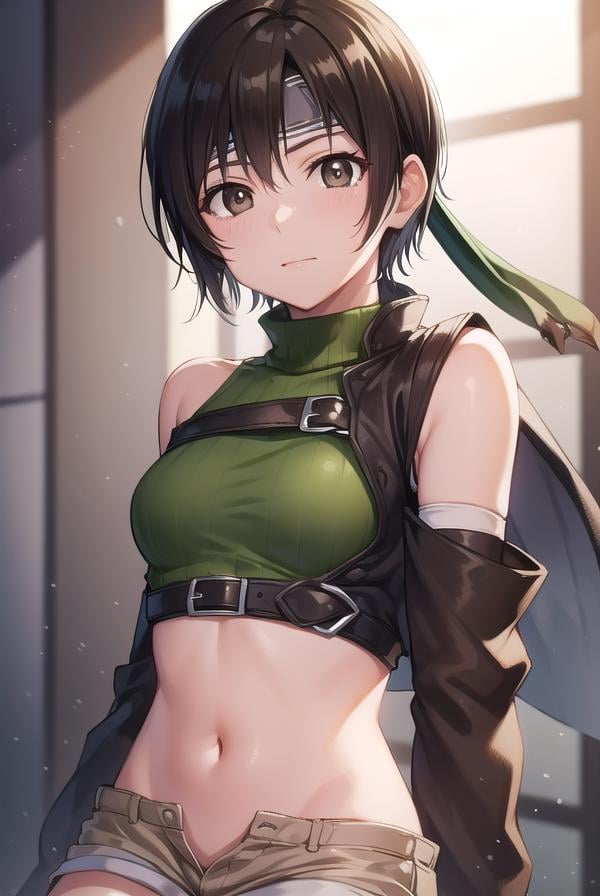 yuffiekisaragi, <lora:yuffie kisaragi v2-lora-nochekaiser:1>, yuffie kisaragi, (black hair:1.5), (brown eyes:1.7), short hair, pixie cut,BREAK crop top, fingerless gloves, fishnet thighhighs, fishnets, forehead protector, gloves, headband, navel, short shorts, shorts, single sleeve, single thighhigh, sleeveless, sleeveless turtleneck, thighhighs, turtleneck,BREAK cowboy shot, looking at viewer, BREAK indoors,BREAK <lyco:GoodHands-beta2:1>, (masterpiece:1.2), best quality, high resolution, unity 8k wallpaper, (illustration:0.8), (beautiful detailed eyes:1.6), extremely detailed face, perfect lighting, extremely detailed CG, (perfect hands, perfect anatomy),