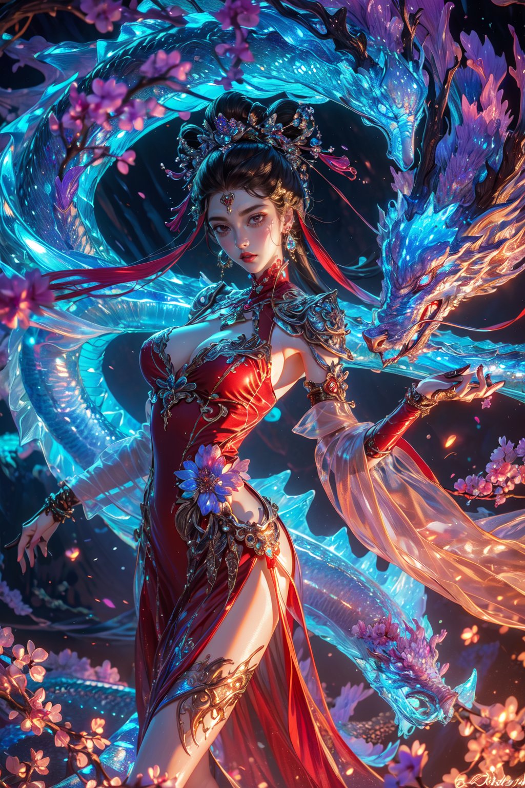 1girl blue fire boat breasts dress glowing holding weapon jewelry lake lipstick long hair looking at viewer magic ocean open mouth red lips river solo water waves weapon 