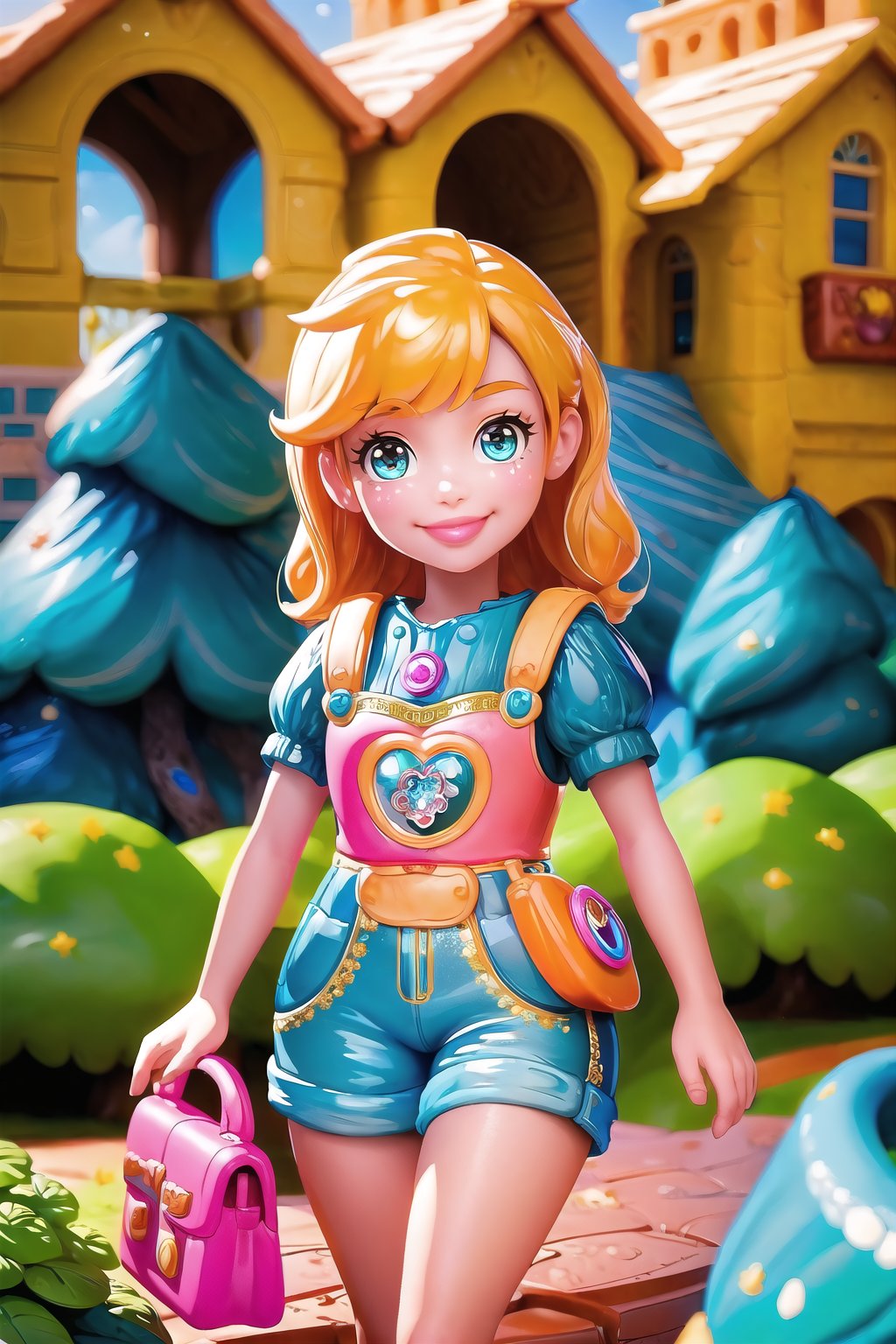 (masterpiece, best quality:1.3), 8k resolution, digital illustration, p0lly, 3d, toy, original, ultra-detailed portrait, cowboy shot, 1girl, minigirl, polly pocket, photoreal, blonde hair, playful, garden, outdoors, sunlight, looking at viewer, smile, rubber, (dynamic), stylish, (shiny:1.1) fashion, orange hair, overalls, holding purse, (deep depth of field), cute, miniature, depth, glitter, extremely detailed, (intricate details), perfect face, finely detailed face, detailed eyes, volumetric, perfect composition,volumetric lighting, soft lighting,traditional media,cara,sweetscape,coralinefilm<lora:EMS-363895-EMS:1.200000>, <lora:EMS-179-EMS:0.300000>, <lora:EMS-32692-EMS:0.600000>, <lora:EMS-30949-EMS:0.200000>