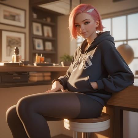 score_9, score_8_up, score_7_up,score_6_up, score_5_up, highly detailed, 1girl, looking at the viewer, upper body, sitting on a stool, face the viewer, hoodie, leggings, living room, 