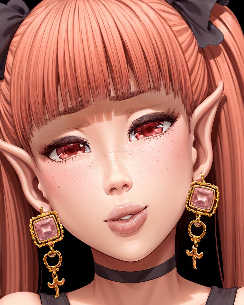 (majalis:1.2), (1boy, kylira:1.1), (closeup:0.7), femboy, freckles, gem earrings, bangs, jewelry, lips, parted lips, looking at viewer, earrings, eyelashes, pointy ears, red eyes, red hair, solo, square earrings, twintails <lyco:majalis_style_v2:0.6>