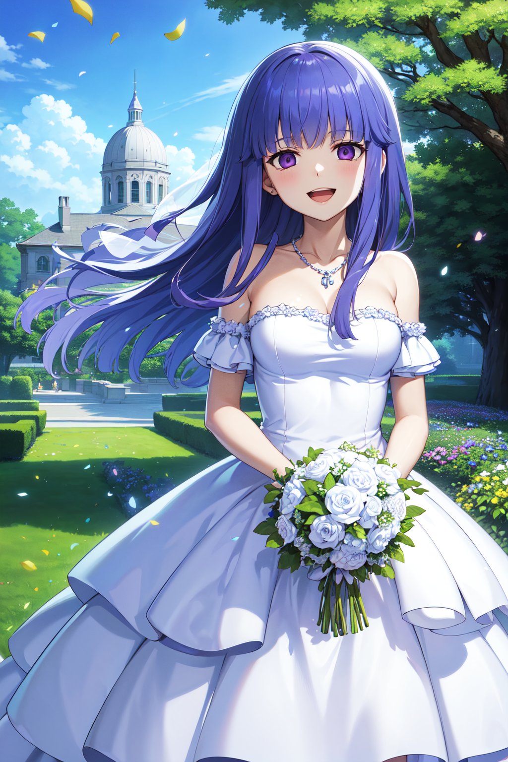 masterpiece, best quality, highres, aabern, long hair, blue hair, blunt bangs, purple eyes, <lora:frederica_bernkastel_v1:0.7>, small breasts, wedding dress, white dress, strapless, necklace, holding bouquet, smile, open mouth, garden, confetti, 