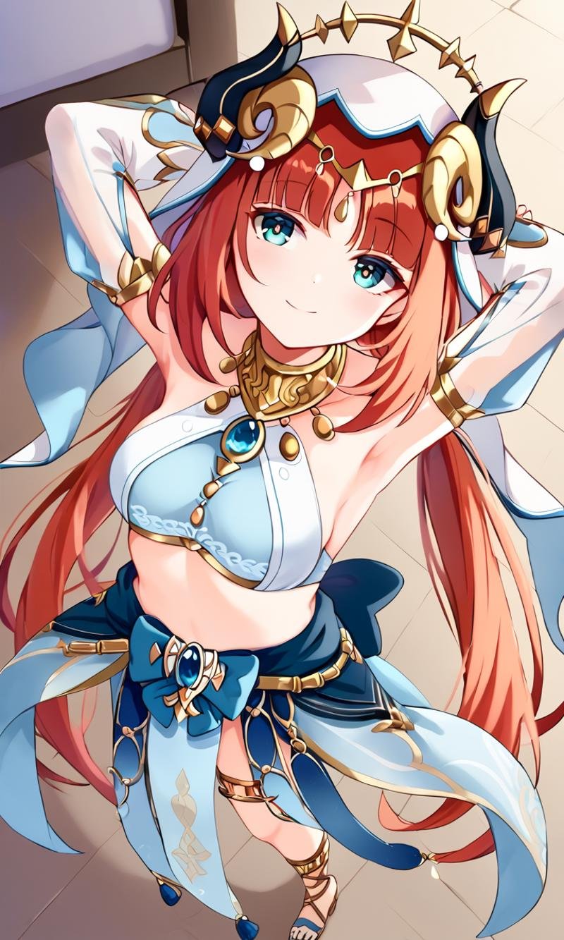 <lora:sdxl-gen-nilou-pony:0.8> gen-nilou, GenshinImpact, 1girl ,aqua eyes, eyeliner, orangered hair, shiny hair, horns, long hair, low twintails, parted bangs, sidelocks, medium breasts, blue nails, circlet, thighlet , neck ring +++ see-through veil, blue gemstone, white headwear, brooch, lightblue harem outfit, puffy long sleeves, bare shoulders, detached sleeves, gold trim, blue skirt, gladiator sandals +++ squinting eyes, smile, +++ arms raised in the air, extend arms straight out, from above, looking ahead, High Angle, cinematic lighting, school, tables, chairs