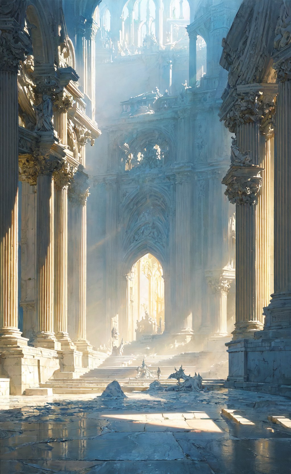masterpiece, best quality, detailed background, the forgotten city made of white marble, grand, epic, fantasy, mystical, sunbeam, soft lighting