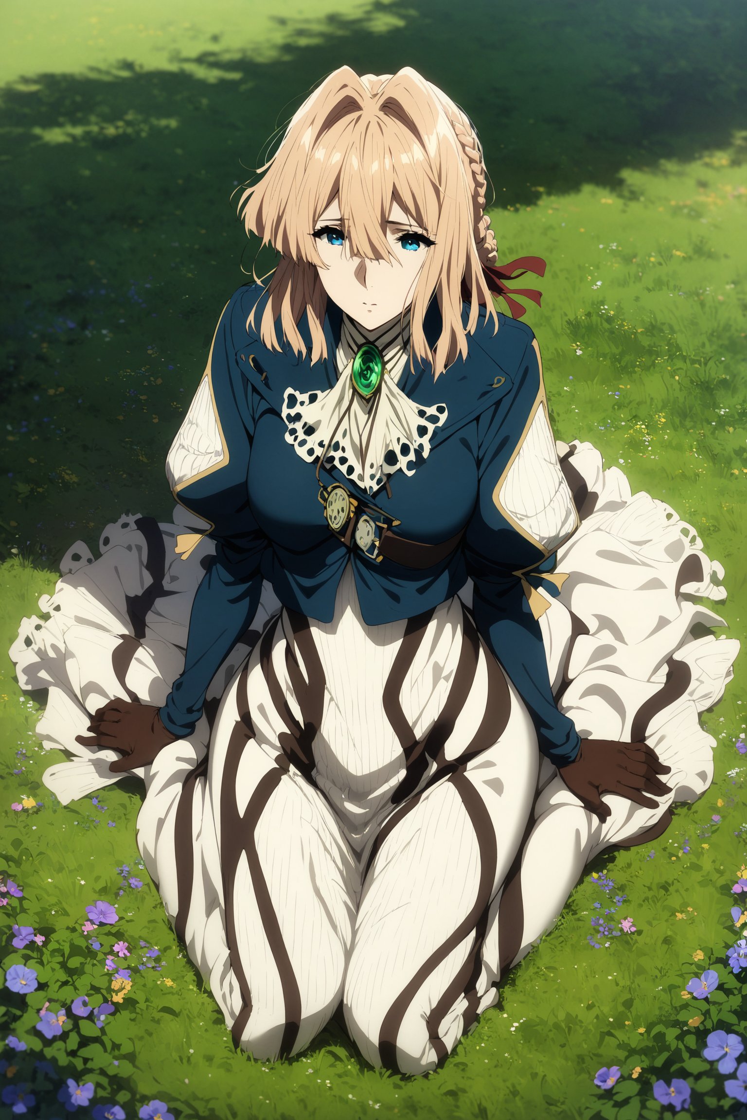 masterpiece, best quality, very aesthetic, absurdres, aave, braid, hair ribbon, red ribbon, jewelry, white ascot, brooch, blue jacket, long sleeves, brown gloves, white dress, long dress, violet evergarden, <lora:violet_evergarden_XL_v1(anima):0.9>, wariza, grass, field, flower