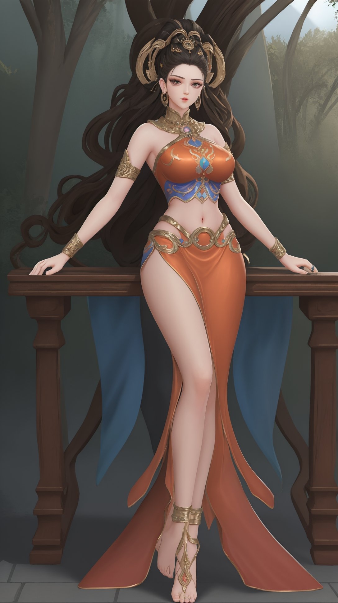 (1girl),smooth chin,masterpiece,detailed face,((hair ornament:1.2)),top quality,4k,make up,best quality,large breasts,(looking at viewer),ribbon,arms behind back,shawl,detached sleeves,forehead mark,legs,on street,full body,sitting on table,<lora:王者 杨玉环 遇见飞天_v1.0:0.9>,(big hair ring:1.5),hair ribbon,chinese clothes,orange skirt,midriff,anklet,armlet,