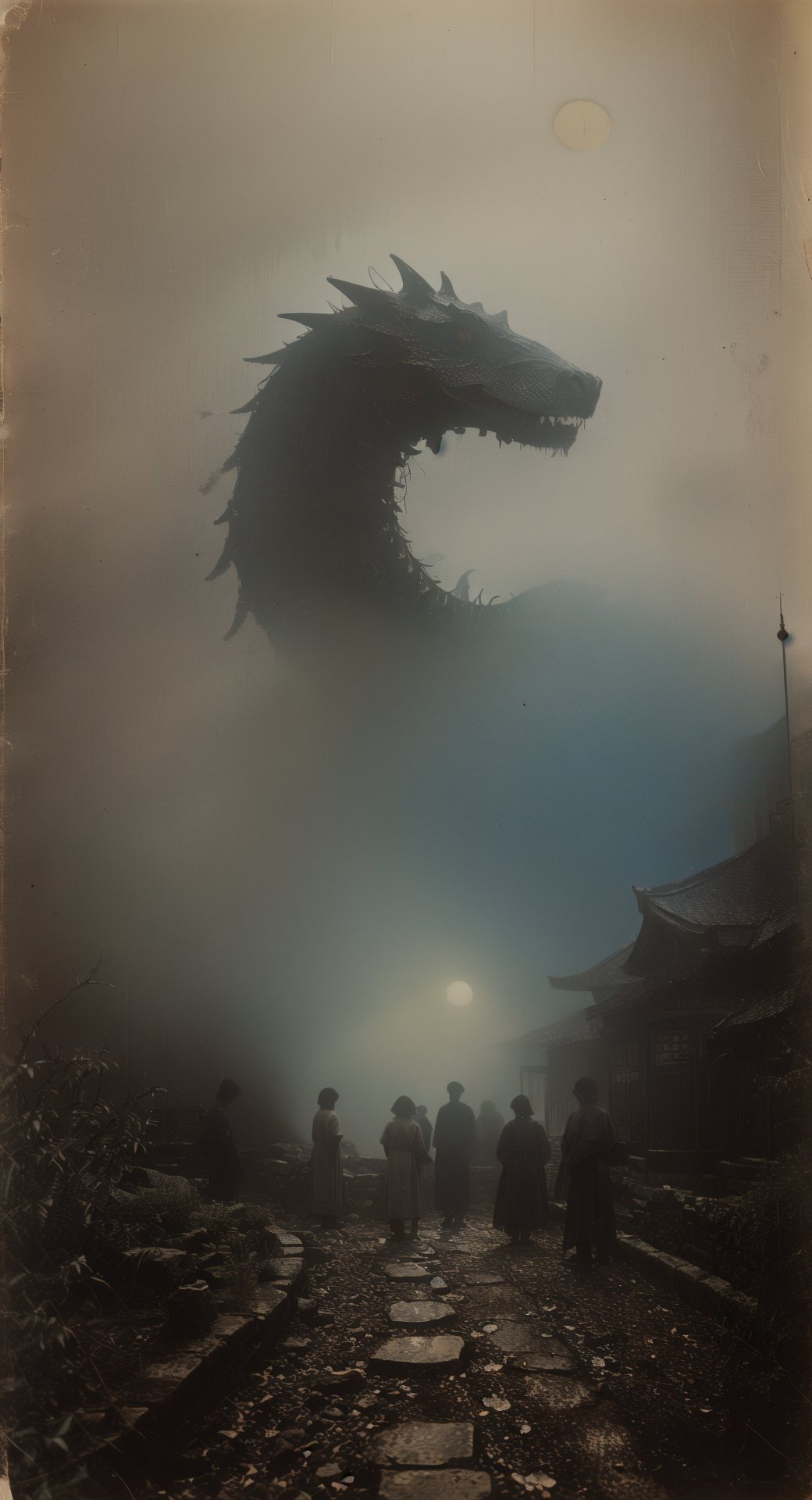 sepia old photo, light leaks, damaged, early 19th century, fantasy, ancient asian culture, special effects, outdoor, foggy background, a couple and a huge sleeping dragon head together in a group photo, <lora:oldPhotoV1:0.9>, <lora:foggy_v1.0:1>, 