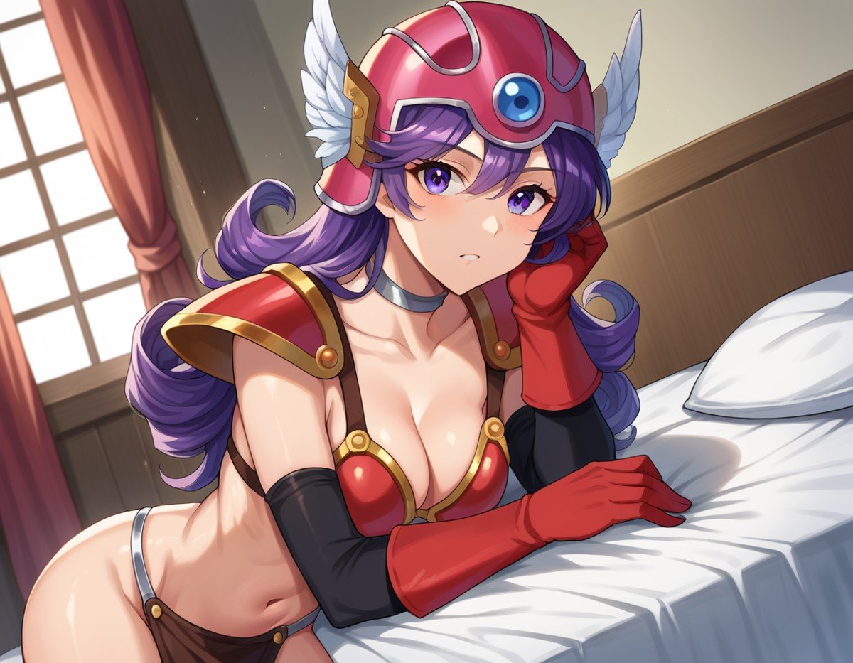 score_9, score_8_up, score_7_up, source_anime,dqsoldier, <lora:dq-soldier-ponyxl-lora-nochekaiser:1>,soldier, long hair, purple eyes, purple hair, curly hair,armor, bikini armor, choker, cleavage, elbow gloves, gloves, helmet, navel,indoors, bed, bed room, on side,looking at viewer, dutch angle, cowboy shot,