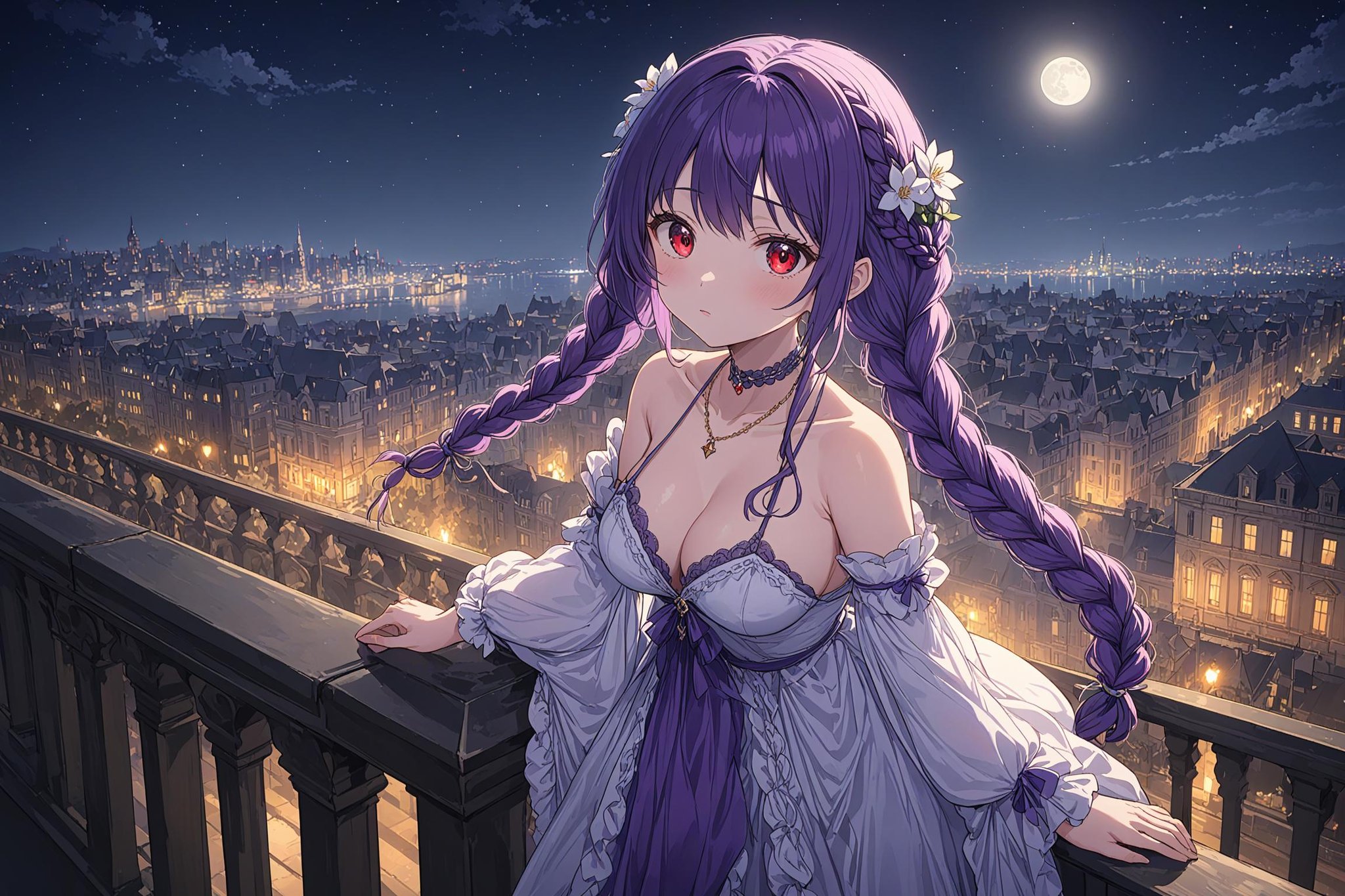 ultra-detailed,(best quality),((masterpiece)),(highres),original,extremely detailed 8K wallpaper,(an extremely delicate and beautiful),anime,1girl,braid,breasts,solo,dress,long hair,purple hair,twin braids,jewelry,necklace,medium breasts,barefoot,cleavage,looking at viewer,very long hair,ribbon,closed mouth,bare shoulders,red eyes,detached sleeves,hair ornament,flower,on the night embankment,leaning on the parapet,full moon,detailed night sky,detailed night city,cinematic,light shining,sharp focus,highly intricate,elegant,very coherent,innocent,designed,shiny,floatting hair,