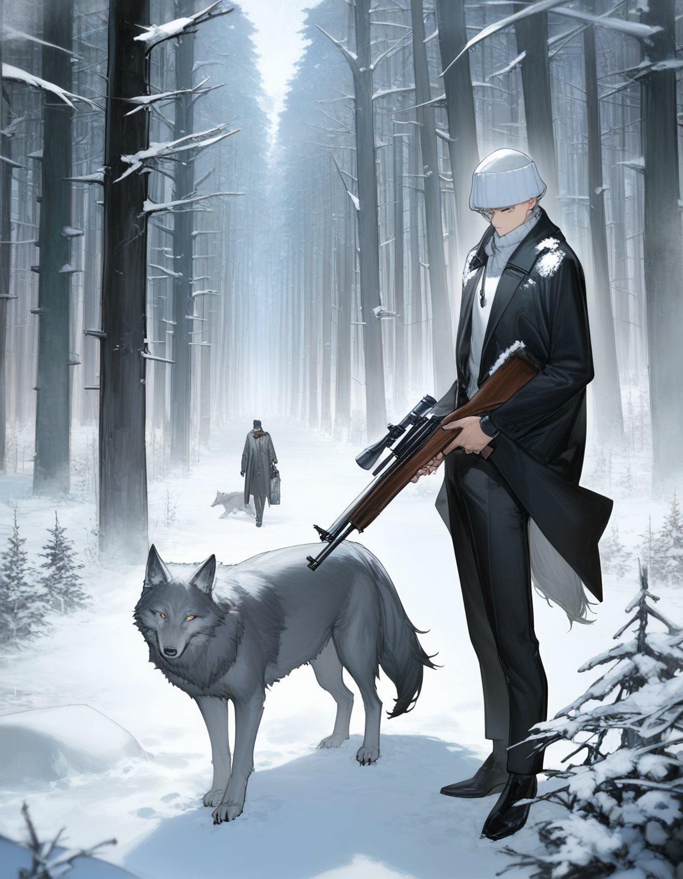 best quality, masterpiece, absurdres, fashion, by aoin, by murata_range, by au \(d_elete\), winter, 1boy, wolf, forest, fog, holding rifle