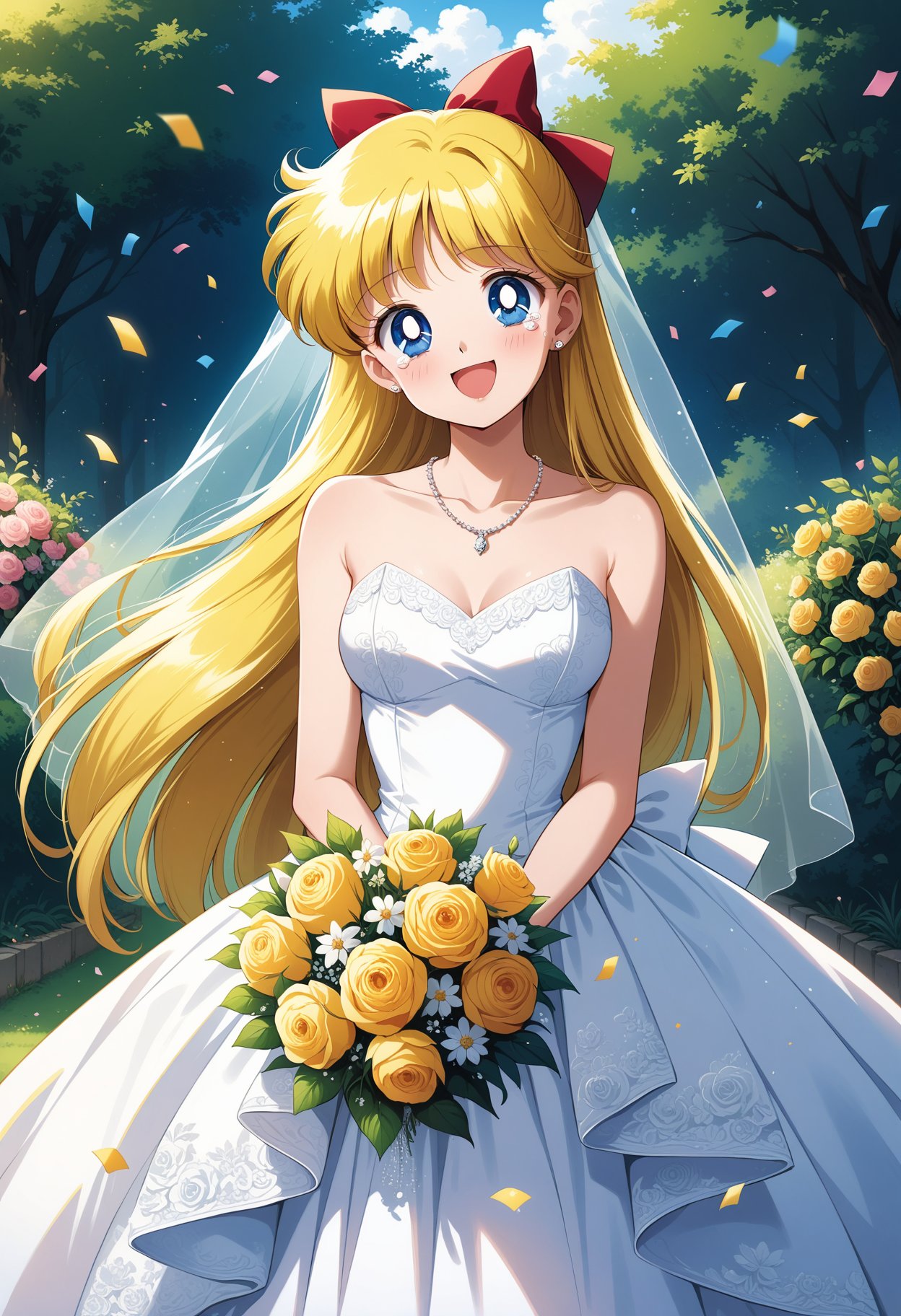 (masterpiece, best quality, very aesthetic, ultra detailed), intricate details, 4k, aavenus, long hair, blonde hair, hair bow, earrings, blue eyes, <lora:sailor_venus_animaginexl_v2:0.9>, wedding dress, white dress, strapless, necklace, garden, confetti, smile, open mouth, tearing up, cowboy shot, standing, holding bouquet, bridal veil