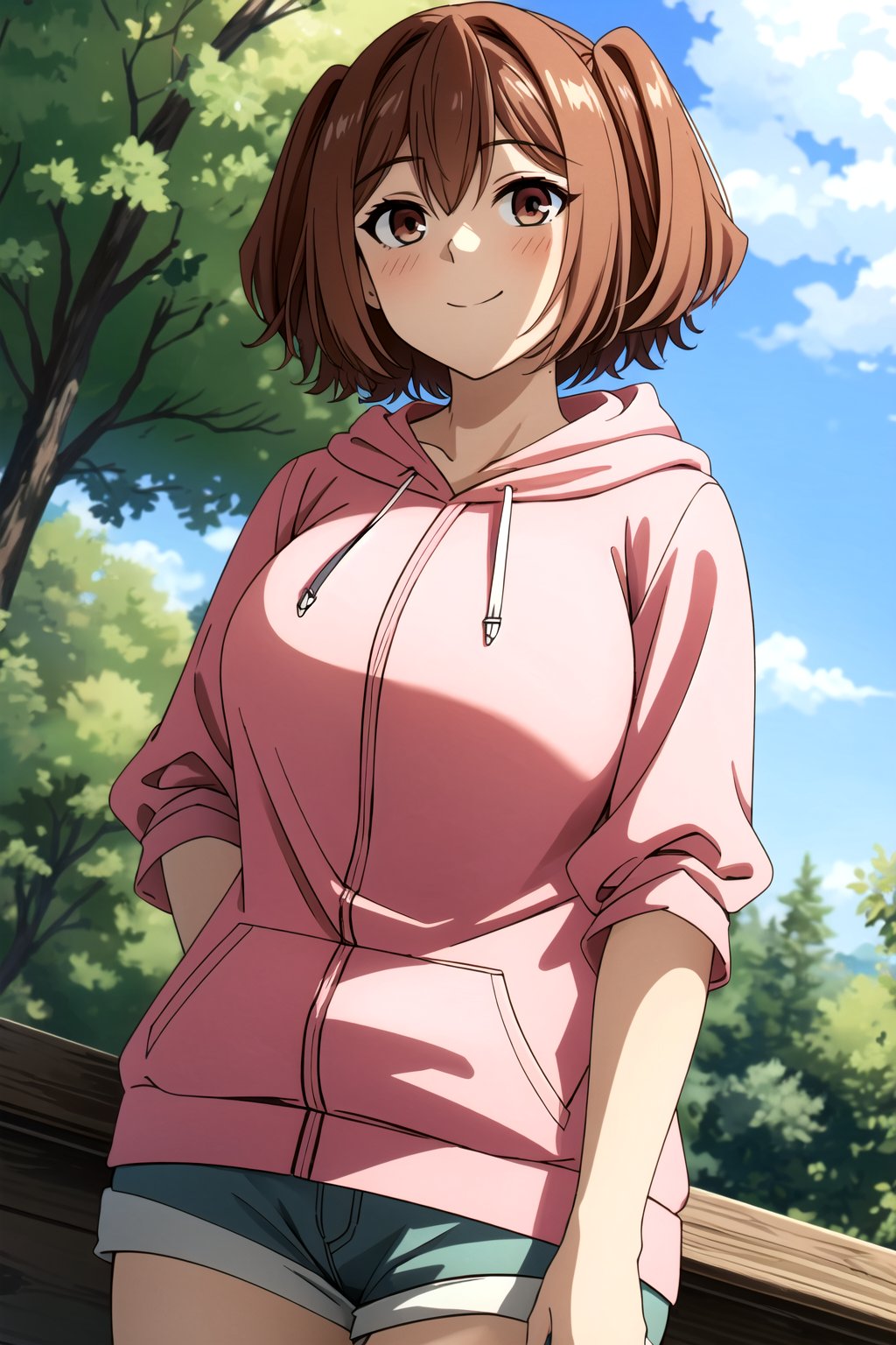 (masterpiece, best quality, highres, dynamic lighting), <lora:add_detail:0.4>, looking at viewer, blush, closed mouth, happy, mature female, large breasts, looking at viewer, outdoors, <lora:kanne:0.7>, two side up, short hair, kanne, pink hoodie
