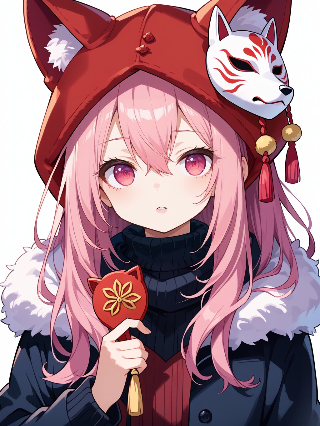 score_9, score_8_up, score_7_up,source_anime,1girl, solo, mask, long hair, pink hair, hata no kokoro, long sleeves, looking at viewer, motion blur, upper body, sweater, coat, pink eyes, alternate costume, fox mask, holding, white background, fur trim, simple background, turtleneck sweater, turtleneck, bangs, expressionless, parted lips, holding mask, winter clothes, tassel, ribbed sweater, hair between eyes, mask on head, hood, contemporary