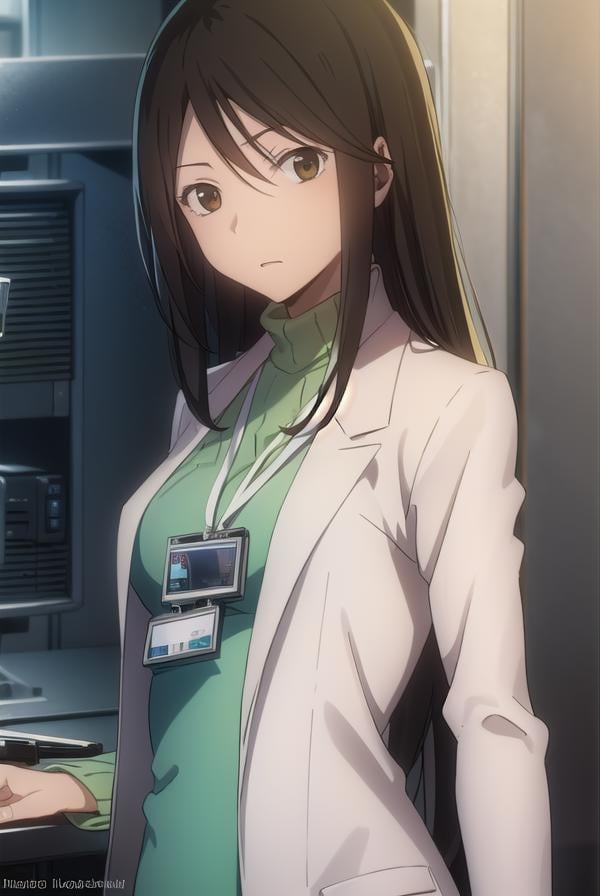 namieyagiri, <lora:namie yagiri s1-lora-nochekaiser:1>,namie yagiri, long hair, black hair, (brown eyes:1.3),BREAK sweater, turtleneck, labcoat, green sweater,BREAK indoors, office,BREAK looking at viewer, (cowboy shot:1.5),BREAK <lyco:GoodHands-beta2:1>, (masterpiece:1.2), best quality, high resolution, unity 8k wallpaper, (illustration:0.8), (beautiful detailed eyes:1.6), extremely detailed face, perfect lighting, extremely detailed CG, (perfect hands, perfect anatomy),