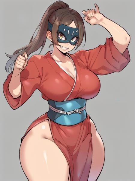 score_9, score_8_up, score_7_up, score_6_up, 1girl, red kimono, bare legs, ponytail, samurai, sexy, curvy, mask, covered face, huge breasts, narrow waist, wide hips, thick thighs, looking at viewer, cowboy shot, cartoon, dynamic pose, smile, cute, wide shot, simple background, solo,<lora:AgawaRyoXLP_Style:1> AgawaRyoXLP