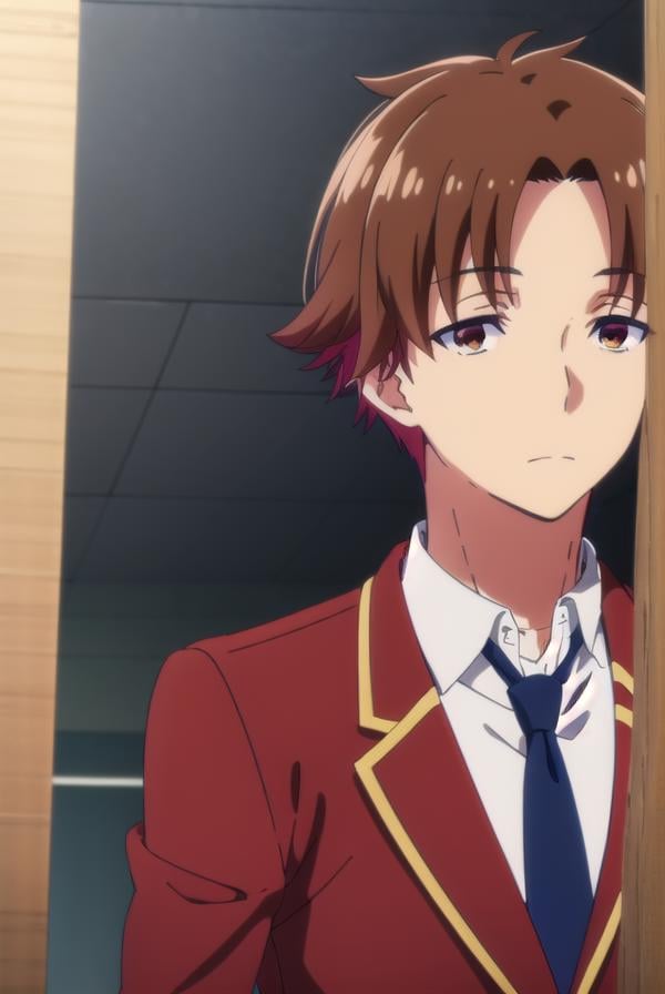 kiyotakaayanokouji, <lora:kiyotaka ayanokouji s2-lora-nochekaiser:1>,kiyotaka ayanokouji, brown hair, (brown eyes:1.5), male focus, (parted bangs:1.5), short hair,BREAK school uniform, jacket, necktie, blazer, blue necktie, shirt, white shirt, collared shirt, (red blazer:1.5),BREAK indoors, classroom,BREAK looking at viewer, (cowboy shot:1.5),BREAK <lyco:GoodHands-beta2:1>, (masterpiece:1.2), best quality, high resolution, unity 8k wallpaper, (illustration:0.8), (beautiful detailed eyes:1.6), extremely detailed face, perfect lighting, extremely detailed CG, (perfect hands, perfect anatomy),