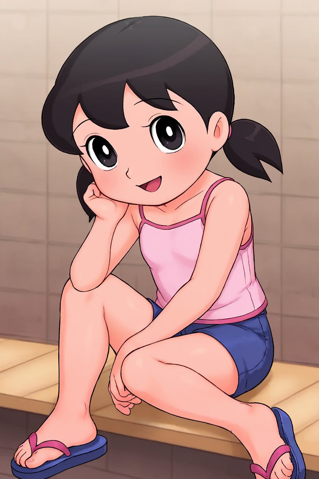 (1girl, solo, minamoto shizuka, loli, black hair,black eyes, twintails,pink tank top, navy blue shorts, sandals, sitting, looking at viewer,happy),score_9, <lora:minamoto shizuka nova 906:0.8>