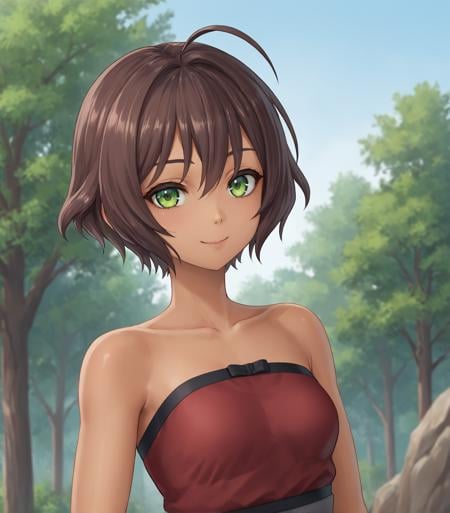 score_9, score_8_up, score_7_up, score_6_up, score_5_up, score_4_up, BREAK source_anime,1girl, solo,  upper body, portrait ,  looking at viewer, smile, outdoors, sky, trees,<lora:Racoonkun_Artist_Style:0.6>, racoonsan  <lora:ShahinaCasual:0.9>, Shahina, green eyes, brown hair, short hair, ahoge, dark skin, dark-skinned female, small breasts, red top, bare shoulders, grey capri pants, pink shoes,