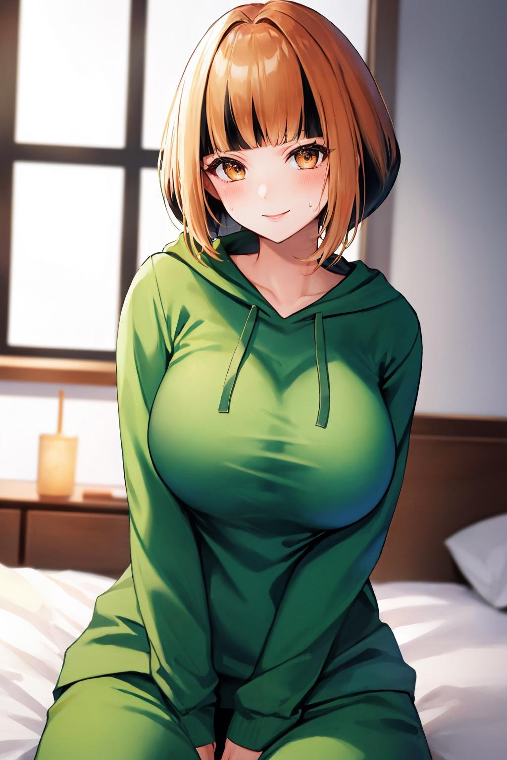 masterpiece, best quality,  <lora:gardenia-nvwls-v1-000008:1> natane, multicolored hair, green hoodie, sweatpants, large breasts, sitting, bedroom, smile